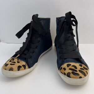 Kate Spade Linus Denim & Animal Print Calf Hair High Top Sneakers womens‎ size 8